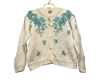 Vintage Jennifer Reed Hand Knit Cardigan Women Size Medium White Floral Blue 3D
