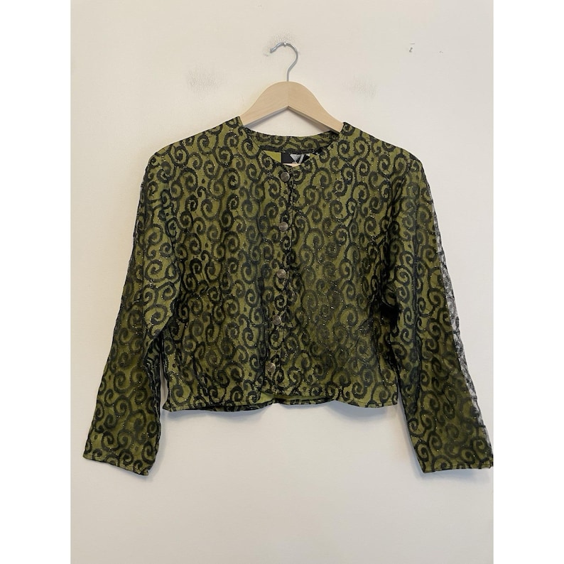 Vintage Urban Outfitters Women Size Small Cropped Button Up Jacket Lace Green image 1