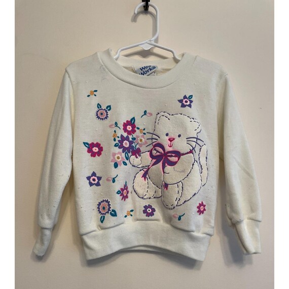 Vintage Wee Works Cat Sweatshirt Toddler Size 4 White Puffy Flowers Bow USA Flaw