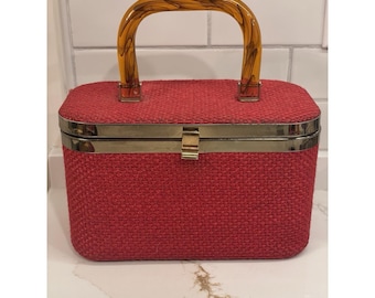 Vintage JR Julius Resnick Tweed Box Handbag Purse Red Train Case Lucite Handle