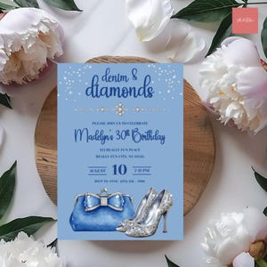 Denim & Diamonds Birthday Invitation Template | Sparkly Birthday Invite | Chic, Elegant, Customizable Birthday Party | DIY Digital Download