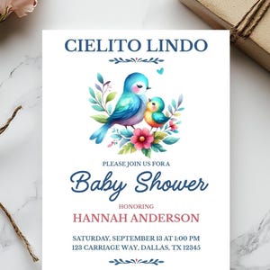 Cielito Lindo Baby Shower Invitation Template: Watercolor Birds & Florals (Digital Download)