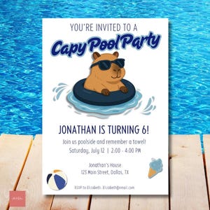 Capybara Pool Party Invitation | Editable Canva Template | Kids Birthday Summer Invite | Capy Vibes | Printable or Digital Pool Party Invite