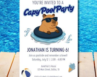 Capybara Pool Party Invitation | Editable Canva Template | Kids Birthday Summer Invite | Capy Vibes | Printable or Digital Pool Party Invite