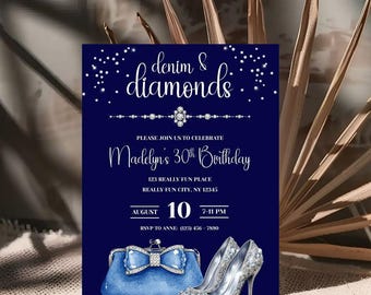 May include: A blue and silver invitation with the text "denim & diamonds" and "Madelyn's 30th Birthday". The invitation features a blue purse with a silver bow and a silver high heel shoe with rhinestones.