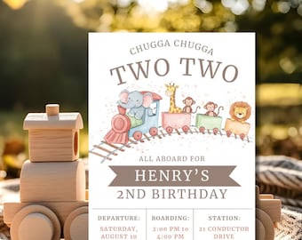 Chugga Chugga Two Two Party Invitation | Train Theme 2nd Birthday Invite 5x7 Template