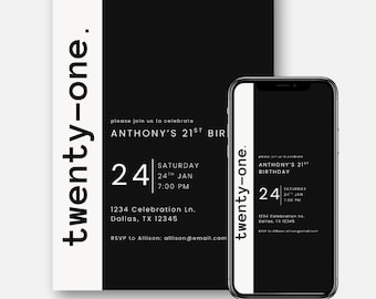 21st Birthday Invitation • Black & White Modern Party Invite • Editable Digital Canva Template •  Printable or Textable • Digital Invitation