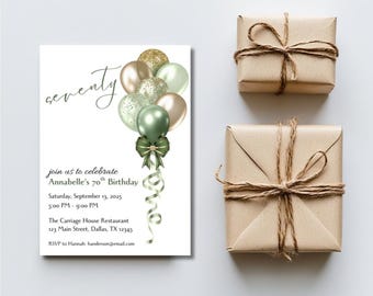 Elegant Sage Green & Gold 70th Birthday Invitation | Printable Birthday Invite for Women | Digital Download Editable Template