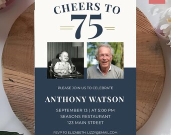 May include: An invitation card with the text "CHEERS TO 75" in navy blue. It includes two photos, one of a baby and one of an older man. The card also has the text "PLEASE JOIN US TO CELEBRATE ANTHONY WATSON" and event details.