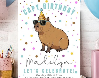 Capybara Birthday Invitation | Funny Capy Birthday Party Invite with Confetti Backside | Editable Template | Kids & Adults