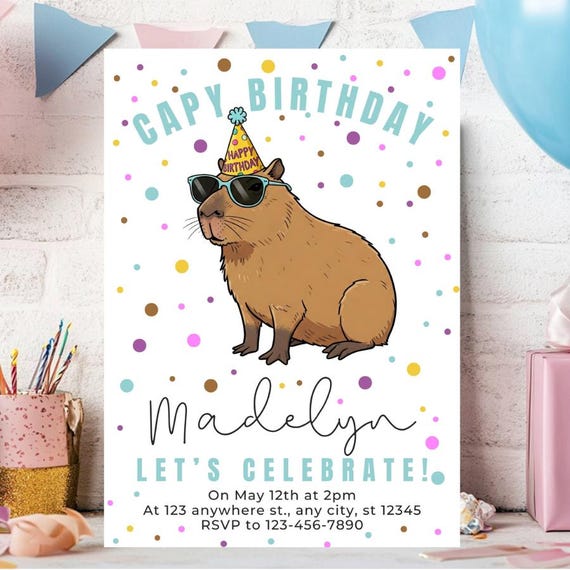 Capybara Birthday Invitation | Funny Capy Birthday Party Invite with Confetti Backside | Editable Template | Kids & Adults