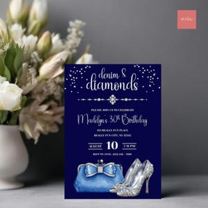 Denim and Diamonds Invitation, Denim Party Invite, 30th, 40th, 50th, or 60th Birthday Invitation for Women, Canva Print or Digital Invite