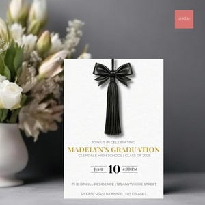 Modello di invito di laurea / Design con nappa nera e oro / Invito alla festa modificabile per la classe del 2025 / Laureato o laureato