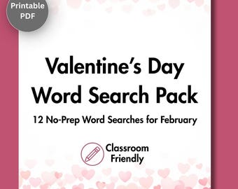 No-Prep Valentine’s Day Word Search for Kids | 12 Printable Puzzles + Answer Keys | February Classroom