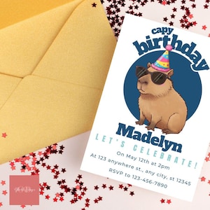 Modelo de convite de aniversário adorável de capivara - perfeito para festas infantis! Faça você mesmo e personalizado | Modelo de convite digital | Imprima em casa!