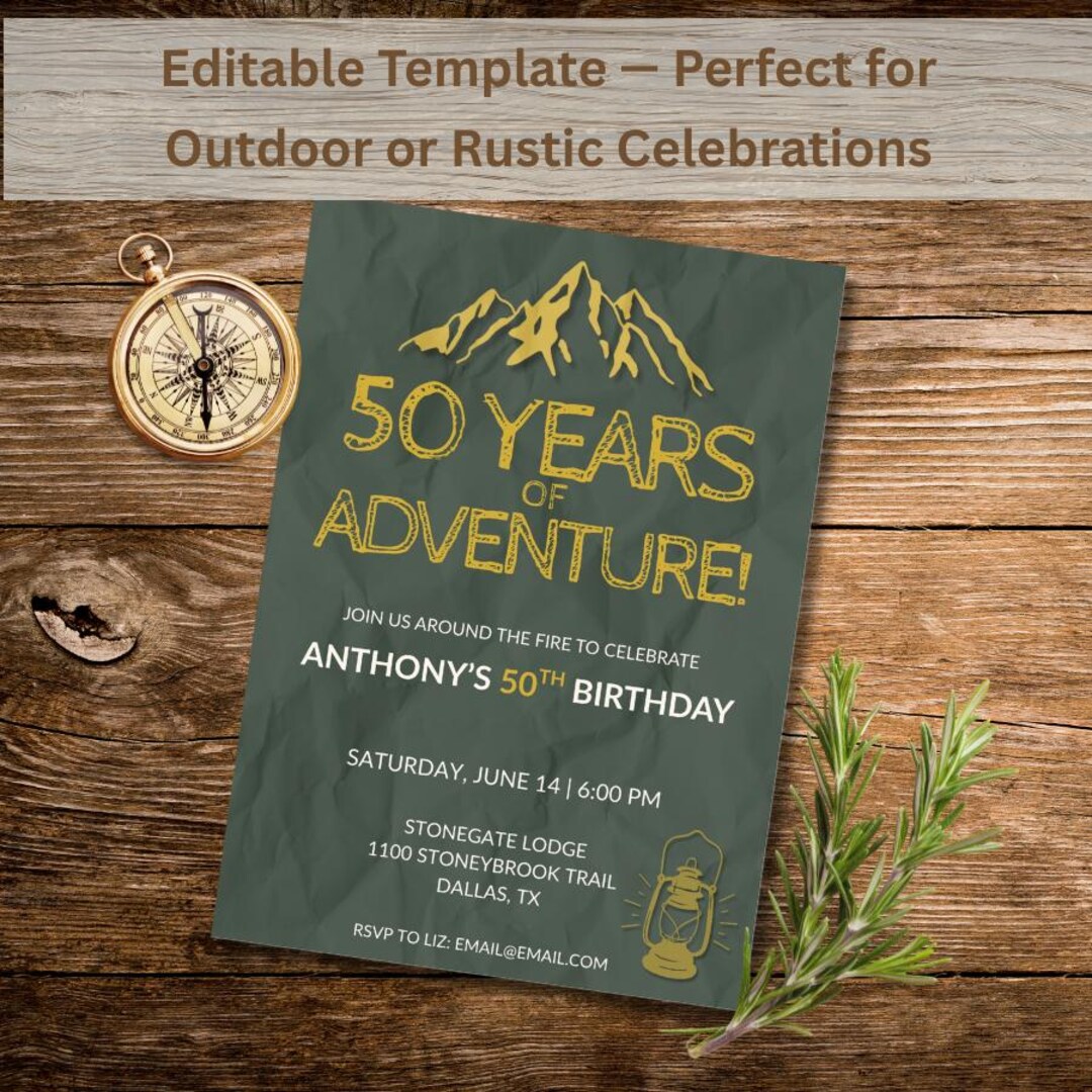 50th Birthday Invitation for Men | Rustic Adventure Theme | Editable ...