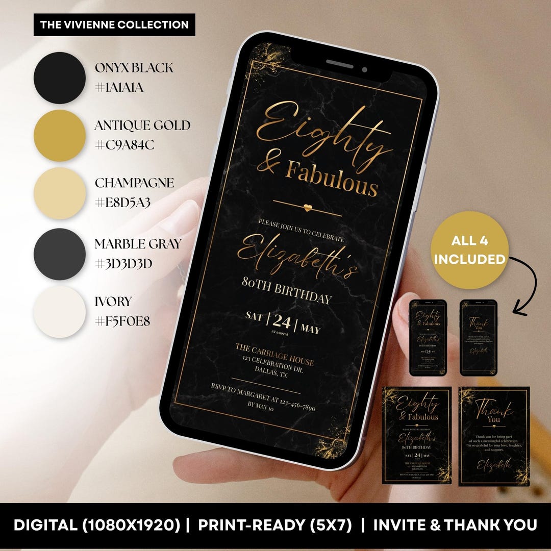 Editable 80th Birthday Invitation & Thank You Card Bundle, Black Gold ...