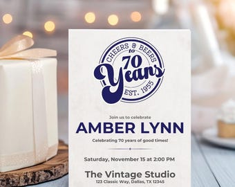 70th Birthday Invitation | Cheers and Beers to 70 Years Editable Party Invite | 5x7 Canva Template