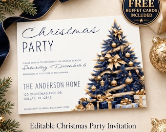 May include: A white Christmas party invitation card featuring a dark blue Christmas tree decorated with gold ribbons and ornaments. The text reads Christmas Party, Saturday, December 6, at 7 o'clock, The Anderson Home, 123 Christmas Tree Dr, Dallas, TX 12345.