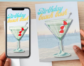 Invito per festa di compleanno in spiaggia, tema cocktail (download digitale)