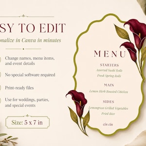 Pu&ograve; includere: Un biglietto del menu color crema con un bordo verde decorativo e calle bordeaux. Il menu comprende antipasti, piatti principali e contorni. Il testo recita "Easy to Edit" e "Dimensione: 12,7 x 17,8 cm".
