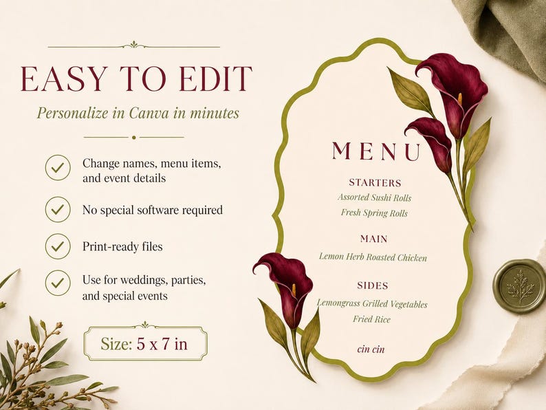 Pu&ograve; includere: Un biglietto del menu color crema con un bordo verde decorativo e calle bordeaux. Il menu comprende antipasti, piatti principali e contorni. Il testo recita "Easy to Edit" e "Dimensione: 12,7 x 17,8 cm".