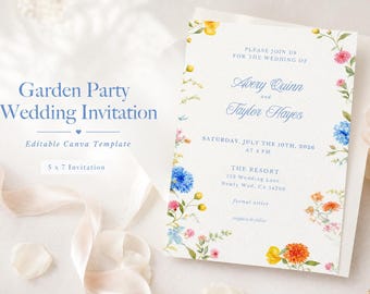 Invito di nozze per festa in giardino, modello modificabile su Canva, invito floreale ad acquerello, matrimonio con scritta blu, formato 5x7 (download).