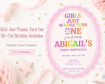 Invito per il primo compleanno "Girls Just Wanna Turn One", modello modificabile su Canva, invito di compleanno con bordo smerlato e fustellato a margherita, 5x7