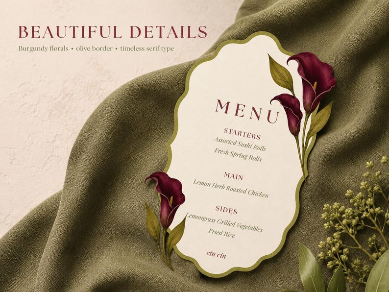 Pu&ograve; includere: Un biglietto del menu con bordo smerlato, con calle bordeaux e un bordo verde oliva. Il menu elenca antipasti, piatti principali e contorni. Il testo "BEAUTIFUL DETAILS" &egrave; in alto.