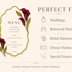 Pu&ograve; includere: Un menu color crema con un design floreale e la scritta "MENU". Il menu comprende antipasti, piatti principali e contorni. Il testo "PERFECT FOR" &egrave; sopra le icone per matrimoni, cene di prova, addii al nubilato, cene e eventi speciali.