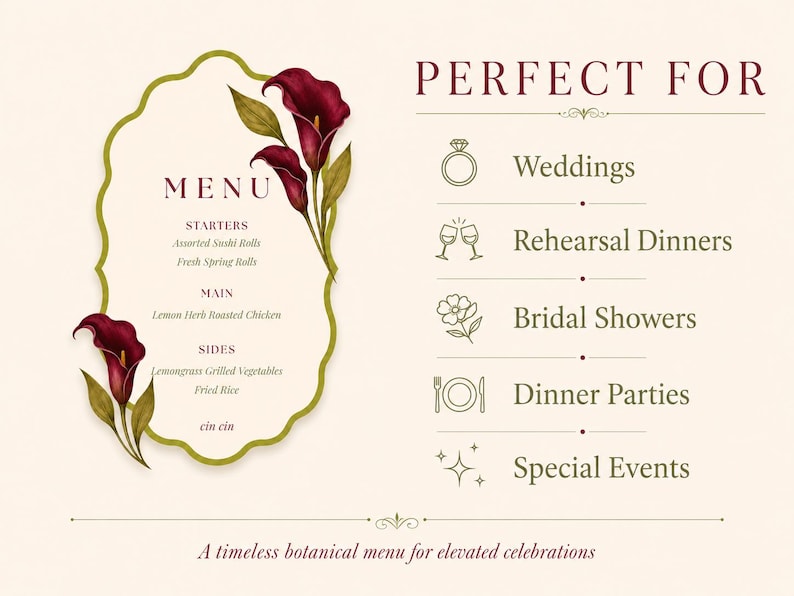 Pu&ograve; includere: Un menu color crema con un design floreale e la scritta "MENU". Il menu comprende antipasti, piatti principali e contorni. Il testo "PERFECT FOR" &egrave; sopra le icone per matrimoni, cene di prova, addii al nubilato, cene e eventi speciali.