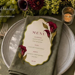 Peut inclure: Maquette stylisée d'une élégante table botanique. Une carte de menu avec un motif floral de callas bordeaux repose sur une serviette verte, sur une assiette grise. De l'argenterie et une bougie allumée sont également visibles.