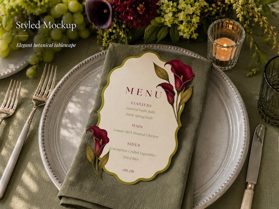 Burgundy Chartreuse Menu Template, Calla Lily Wedding Menu Card, Editable Canva Floral Dinner Menu, Printable 5x7 & A4 Event Menu