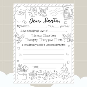 Carta a Papá Noel para colorear Página imprimible Carta a Papá Noel Plantilla de lista de deseos navideños Feliz Navidad 2024 Descarga instantánea