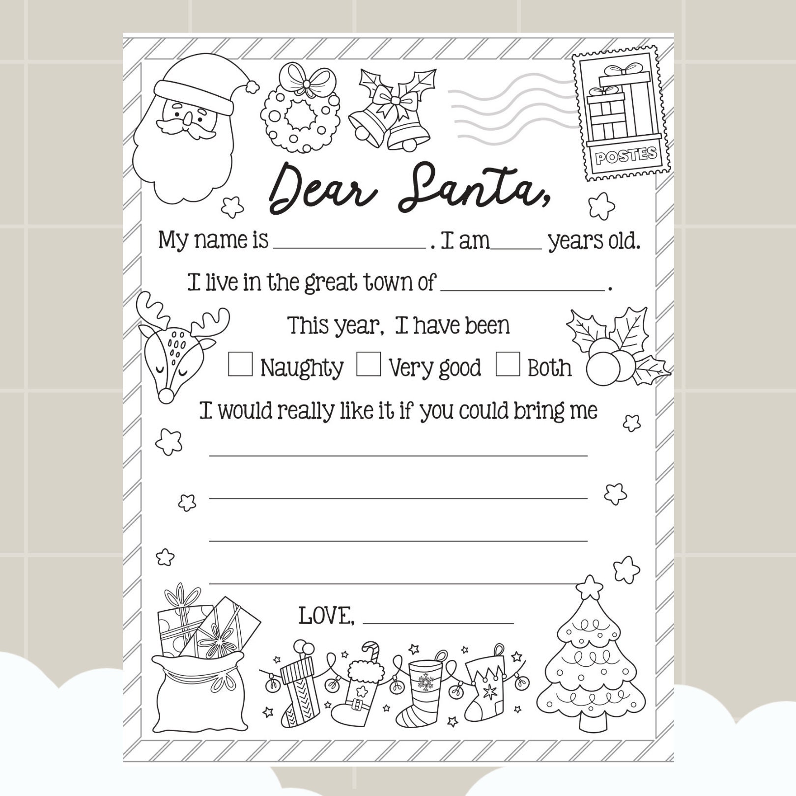 Letter to Santa Coloring Page: Christmas Wish List (PDF Download) - Etsy