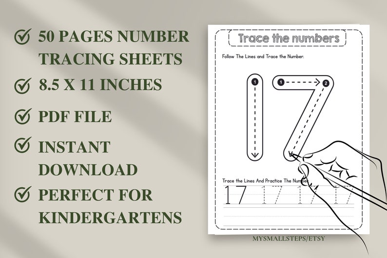 1-50 Printable Number Tracing, Preschool Worksheets Numbers, Number Tracing For Kindergarten, Traceable Numbers PDF, Handwriting Practice