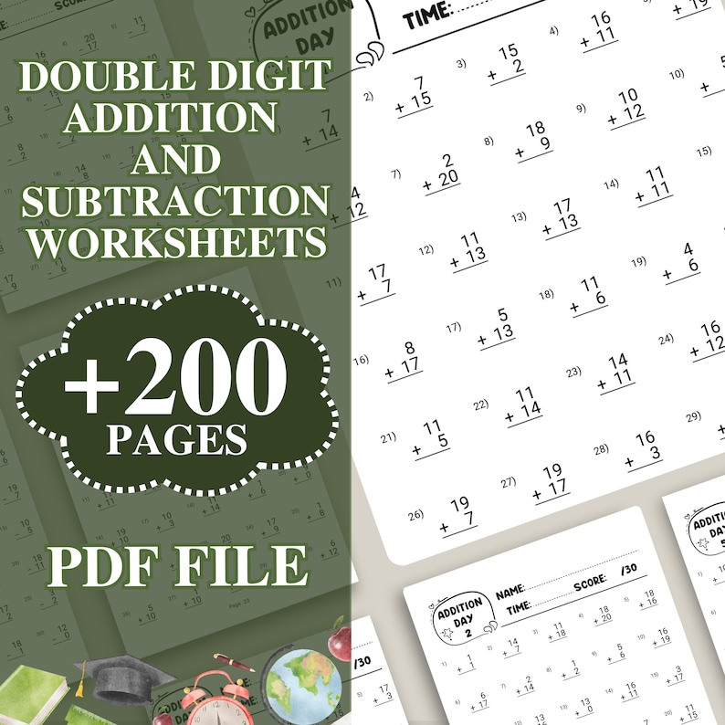 Double Digit Addition And Subtraction Worksheet, 1st Grade Math Bundle, Busy Book Printable, Math Sheets, Homeschool Activity Pages, Instant Download PDF