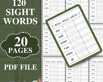 May include: A printable worksheet for learning sight words. The worksheet has a green border and the words "READ, TRACE, WRITE!" at the top. The worksheet includes 20 pages with 120 sight words.