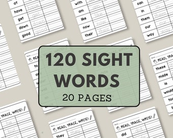 120 Sight Words For Preschool, Kindergarten Sight Word Worksheets, Tracing Activity Pages, 1st Grade Handwriting and Spelling Activities
