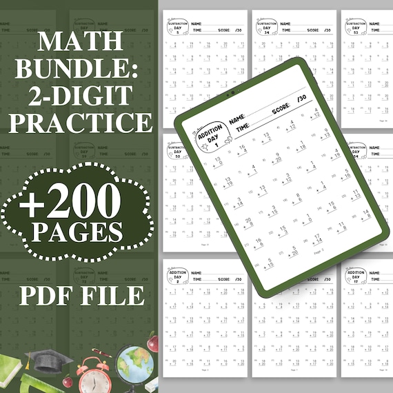 Printable Math Worksheets Bundle – 2 Digit Addition & Subtraction Activities, Educational Busy Book, Instant Download PDF, For 1st-2nd Grade