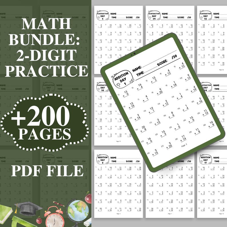 Printable Math Worksheets Bundle – 2 Digit Addition & Subtraction Activities, Educational Busy Book, Instant Download PDF, For 1st-2nd Grade
