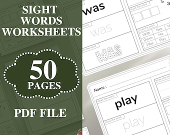50 Printable Sight Words, Kindergarten Sight Word Worksheets, Preschool Activity Pages, 1st Grade Handwriting and Spelling Activities