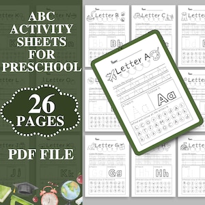May include: A digital educational resource for preschoolers. The image shows a green tablet displaying a worksheet with the letter "A" and other alphabet worksheets. The text on the left reads "ABC Activity Sheets for Preschool" and "26 Pages PDF File."