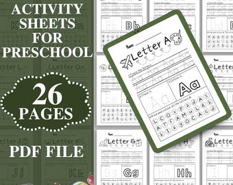 Hojas de trabajo imprimibles del alfabeto, hojas de práctica para jardín de infantes, actividades para la educación en casa, preescolar Montessori, aprender las letras del abecedario en PDF, libro de actividades