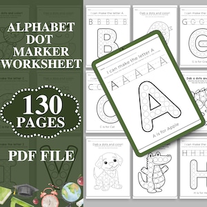 Folhas de exercícios com marcadores de pontos, páginas para colorir com marcadores de pontos, alfabeto para imprimir, alfabeto com animais, páginas de atividades para pré-escola em PDF, livro de atividades
