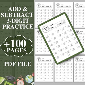 Hojas de trabajo de suma y resta de 4.º grado, Problemas de matemáticas de primaria, Suma de 3 dígitos con respuestas, Libro de actividades imprimible, Matemáticas de 3.º grado