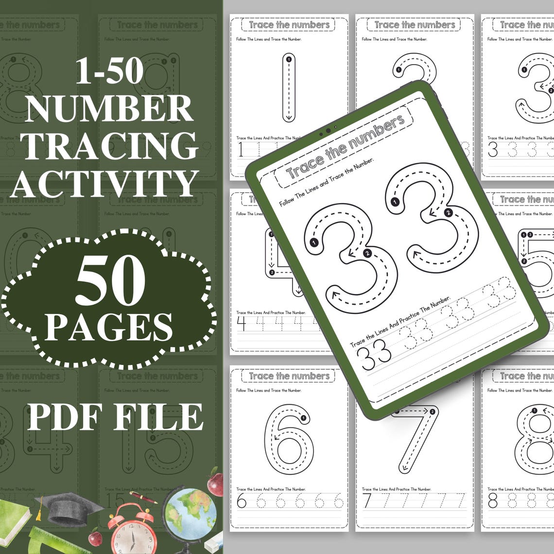 Present Traceable 1-50 Number Tracing Worksheets, Printable Preschool Activities, Number ...