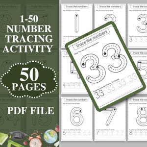 May include: A printable worksheet for tracing numbers 1-50. The worksheet is black and white and has a green border. The text "1-50 Number Tracing Activity" is at the top of the page. The text "50 Pages PDF File" is at the bottom of the page.