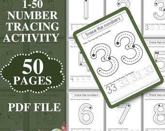 1-50 Number Tracing Worksheets, Printable Preschool Activities, Number Tracing For Kindergarten, Traceable Numbers PDF, Handwriting Practice