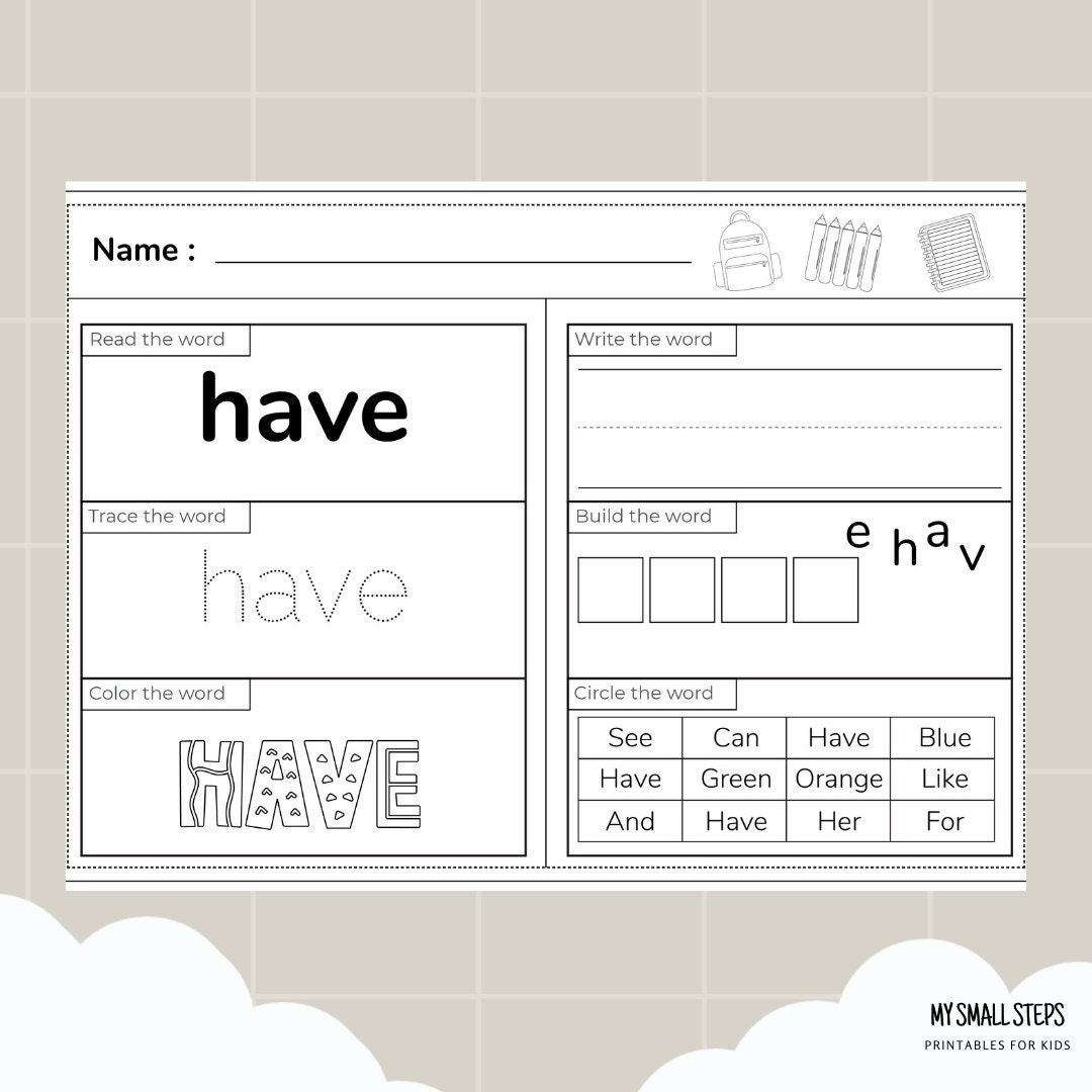 50 Printable Sight Words, Kindergarten Sight Word Worksheets, Preschool Activity Pages, 1st ...